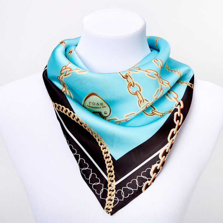 Square Chain Link Hearts Satin Fashion Scarf - Teal,