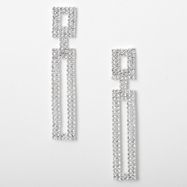 Silver 2&quot; Rhinestone Double Rectangle Drop Earrings,