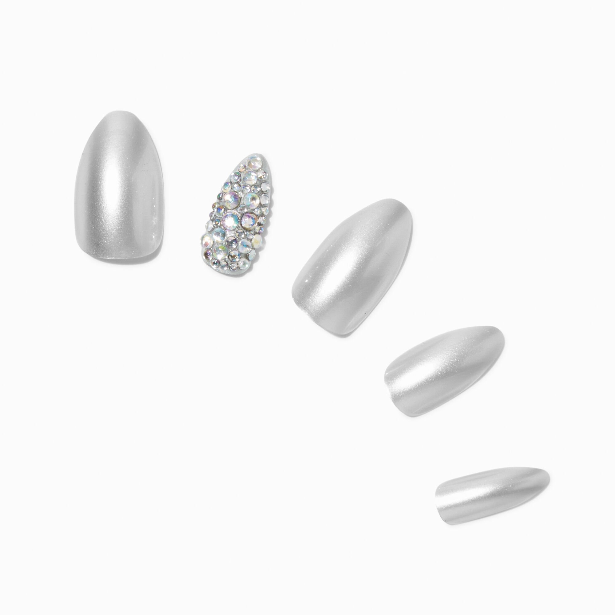 Silver Bling Stiletto Vegan Faux Nail Set - 24 Pack,