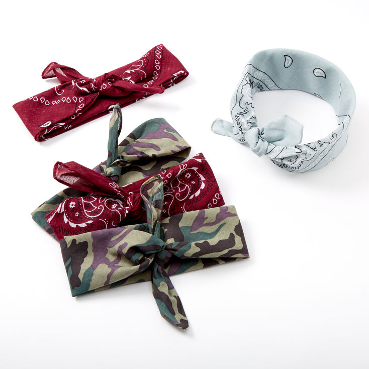 Camo Paisley Bandana Headwraps - Burgundy, 5 Pack,