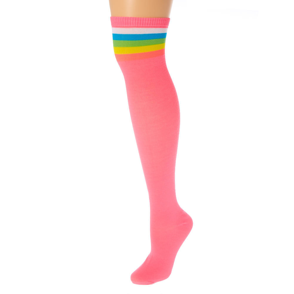Neon Striped Over the Knee Socks Pink