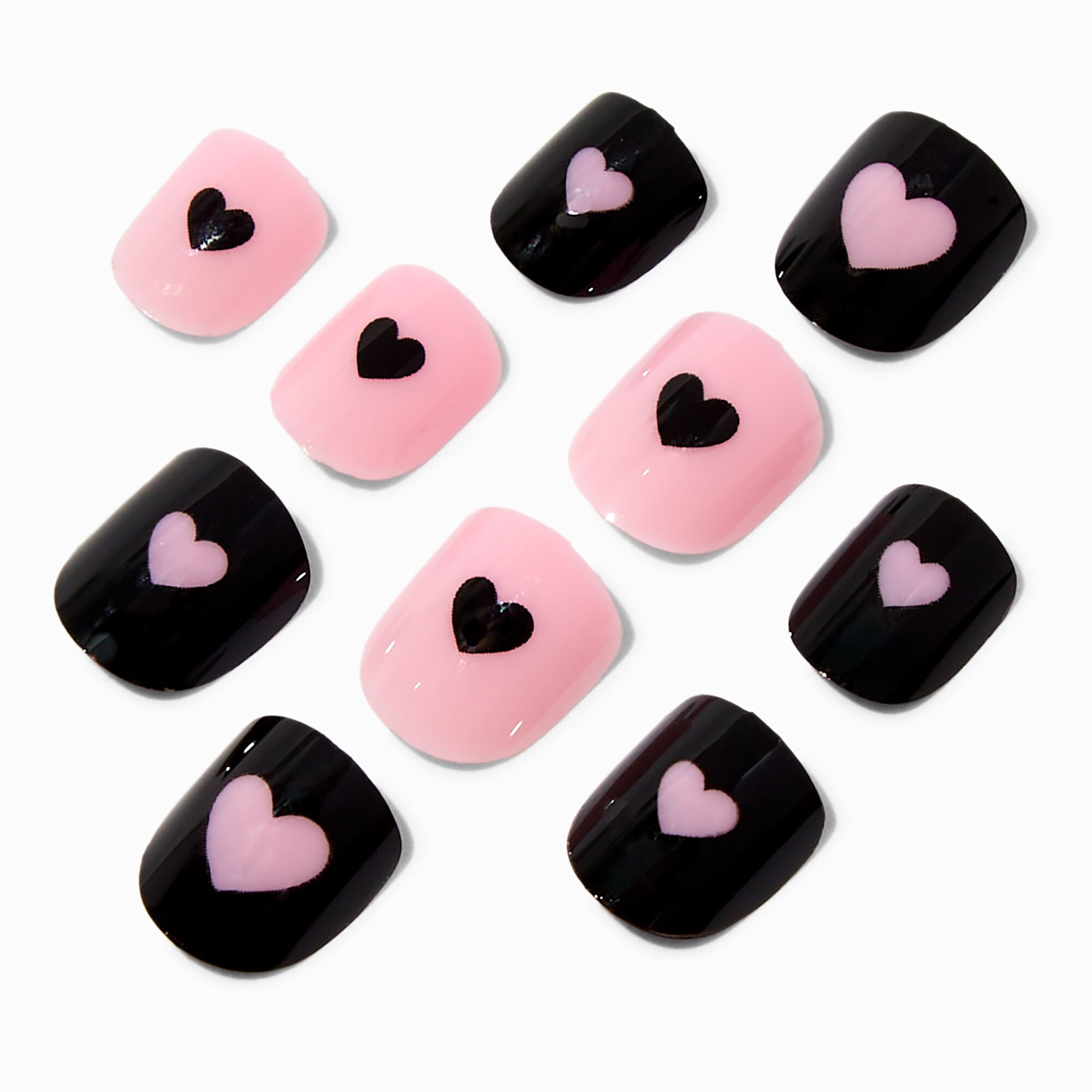 Claire's Club Pink & Black Heart Press On Vegan Faux Nail Set - 10 Pack,