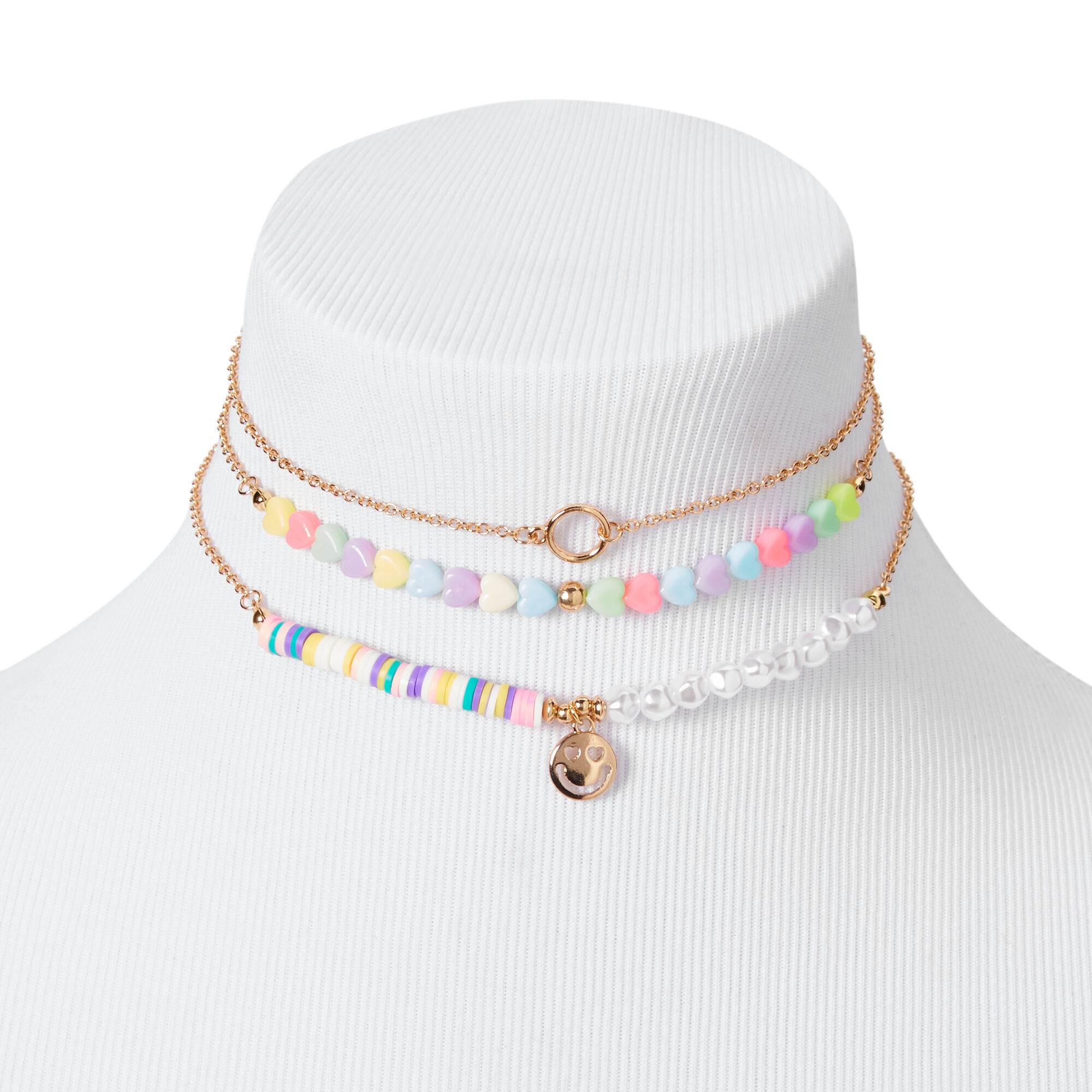 Gold Mixed Happy Face Multi-Strand Choker Necklace,