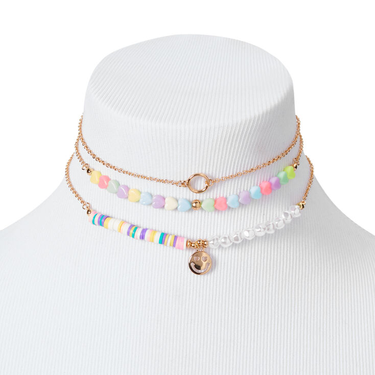 Gold Mixed Happy Face Multi-Strand Choker Necklace,