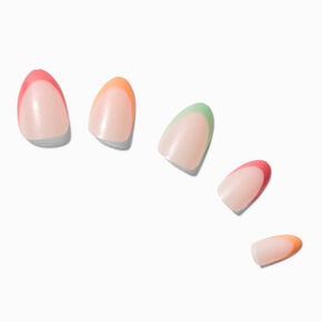 Pink, Orange &amp; Green French Tip Short Almond Vegan Faux Nails - 24 Pack,