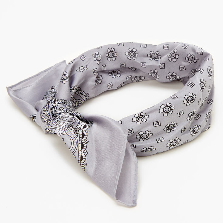 Bandeau bandana soyeux imprim&eacute; floral et cachemire - Couleur argent&eacute;e,