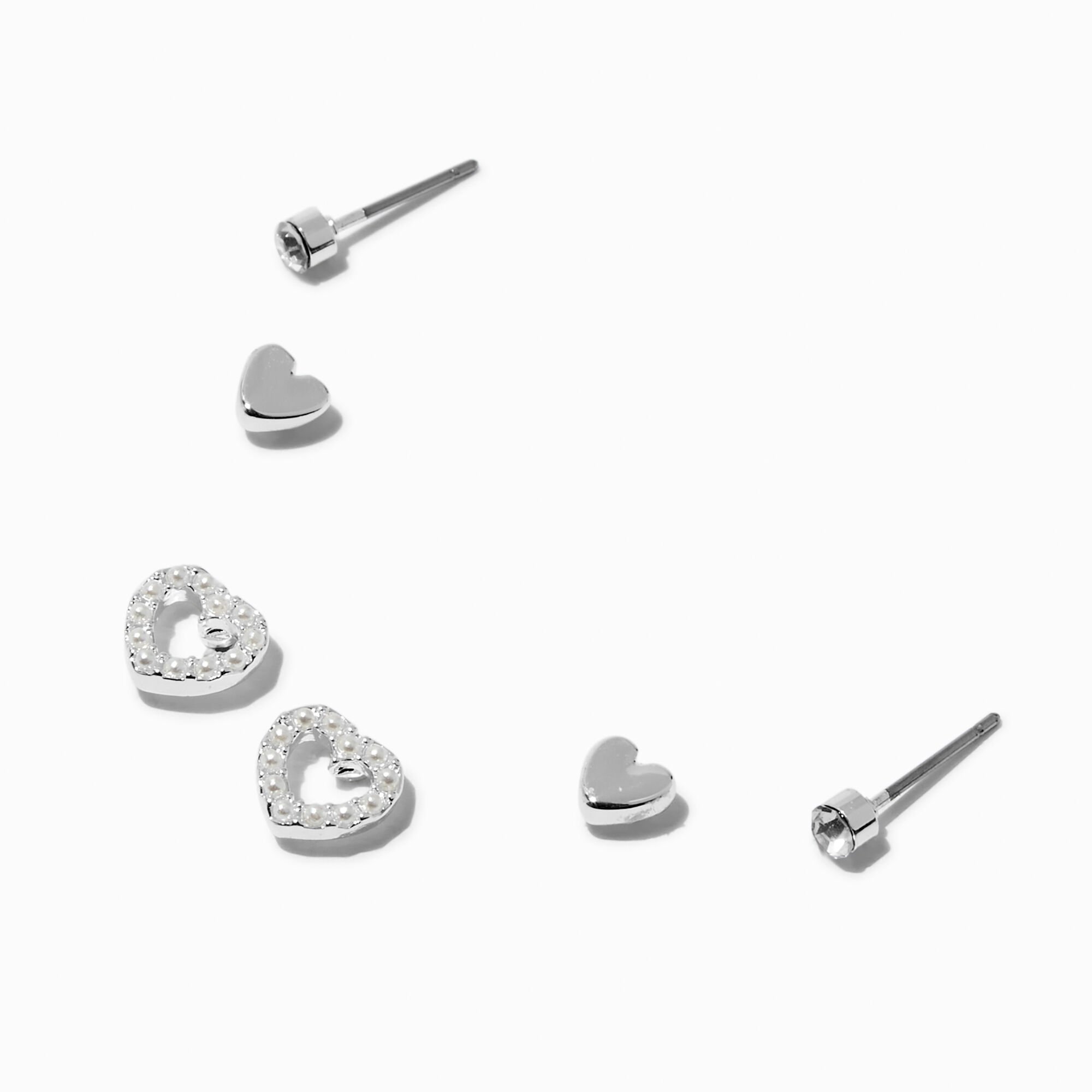View Claires Tone Stacked Pearl Heart Stud Earrings 3 Pack Silver information