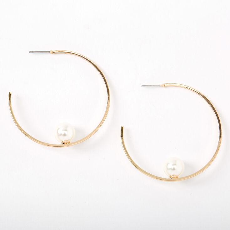 Gold 45MM Single Pearl Hoop Earrings,