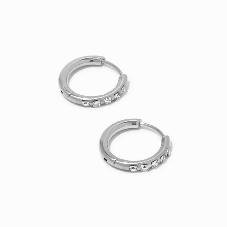 C LUXE by Claire&#39;s Titanium Silver 10MM Crystal Huggie Hoop Earrings,