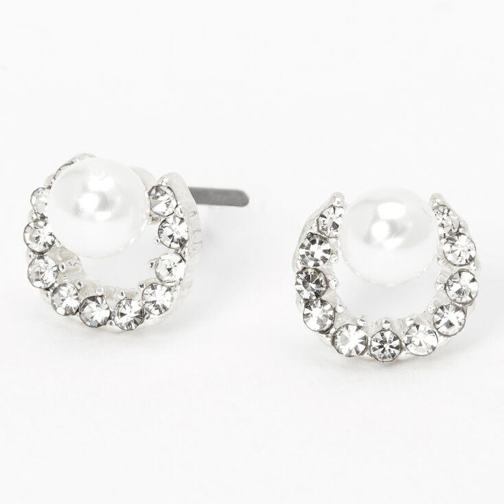Silver Embellished Pearl Circle Stud Earrings,