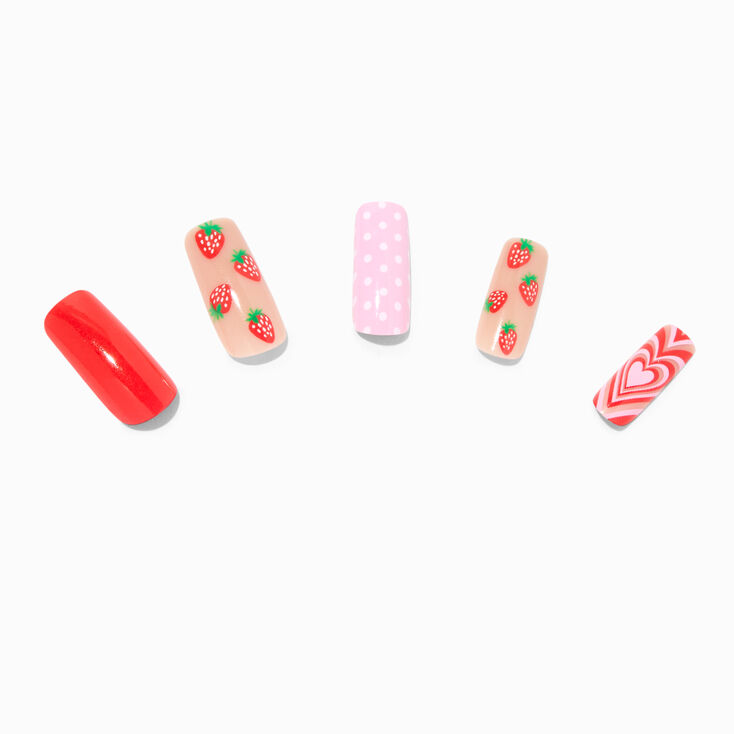 Strawberry Polka Dot Long Square Vegan Faux Nail Set - 24 Pack,
