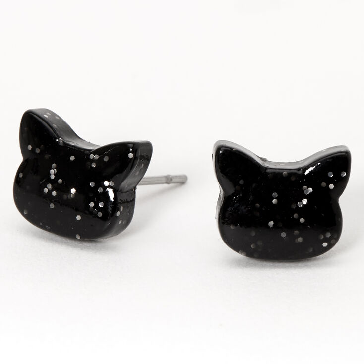 Claire's Clous d'oreilles chat avec paillettes couleur argentée - Noir