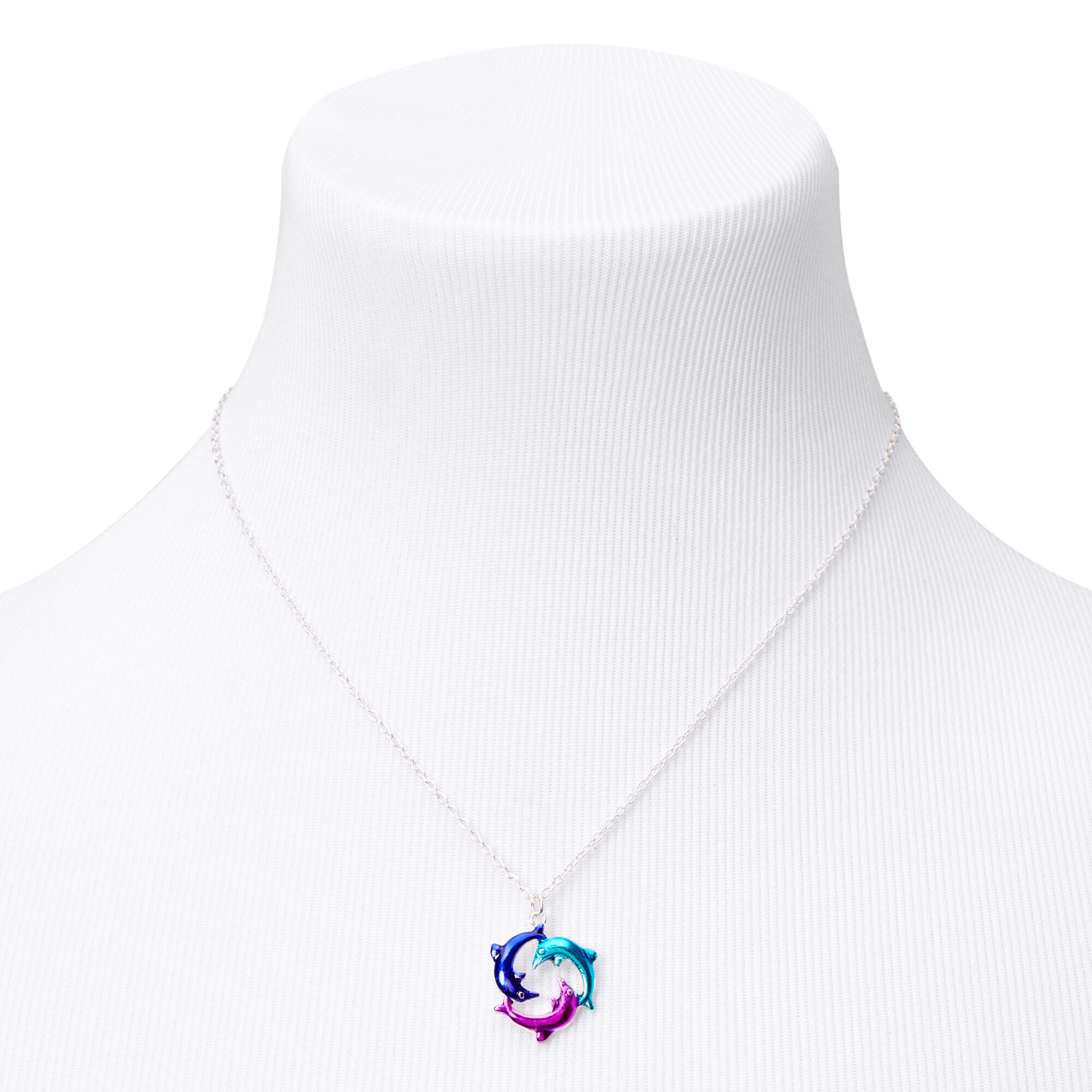 Silver Anodized Circle of Dolphins Pendant Necklace,