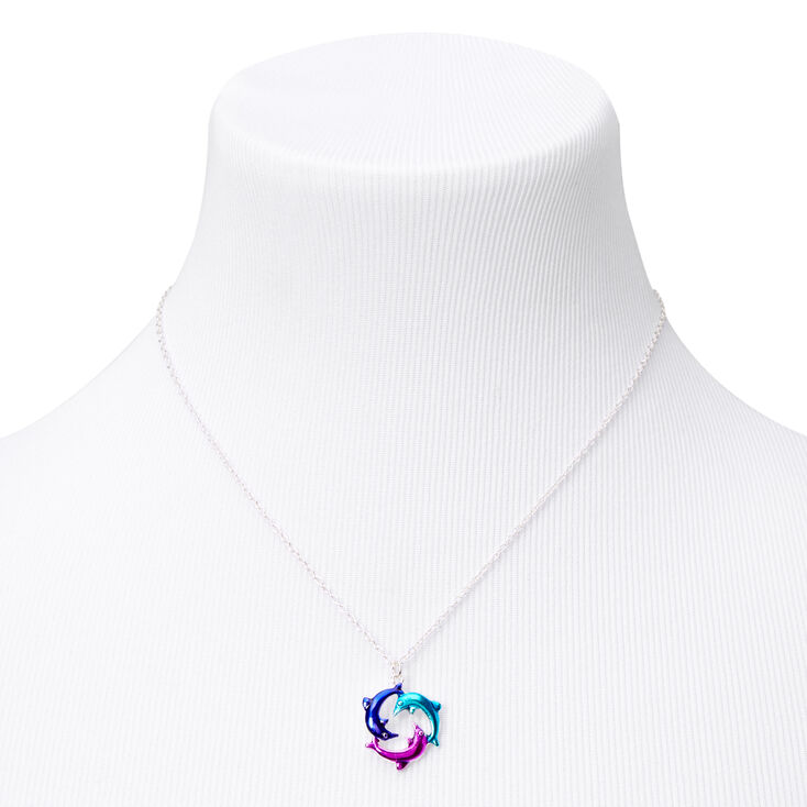 Silver Anodized Circle of Dolphins Pendant Necklace,