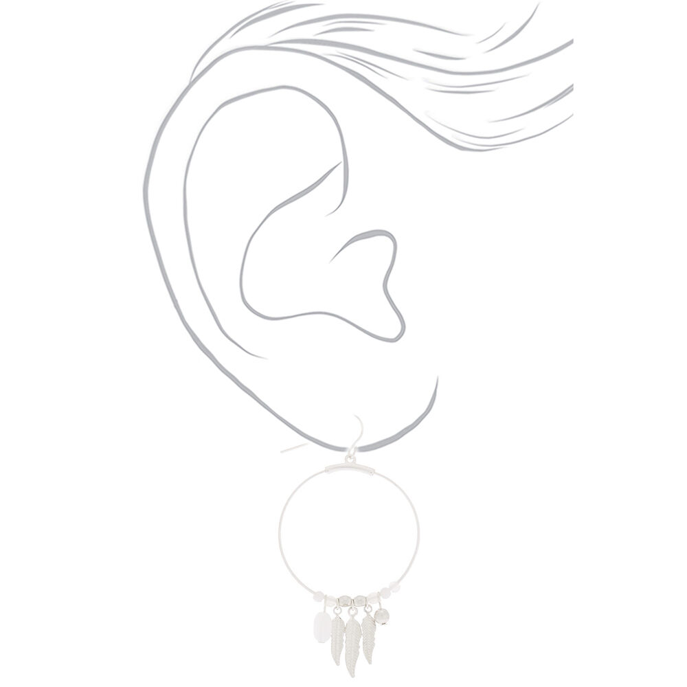 Silver Beaded Feather Hoop Earrings - White,