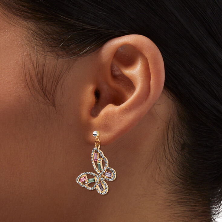 Crystal Baguette Gold Butterfly 1" Drop Earrings