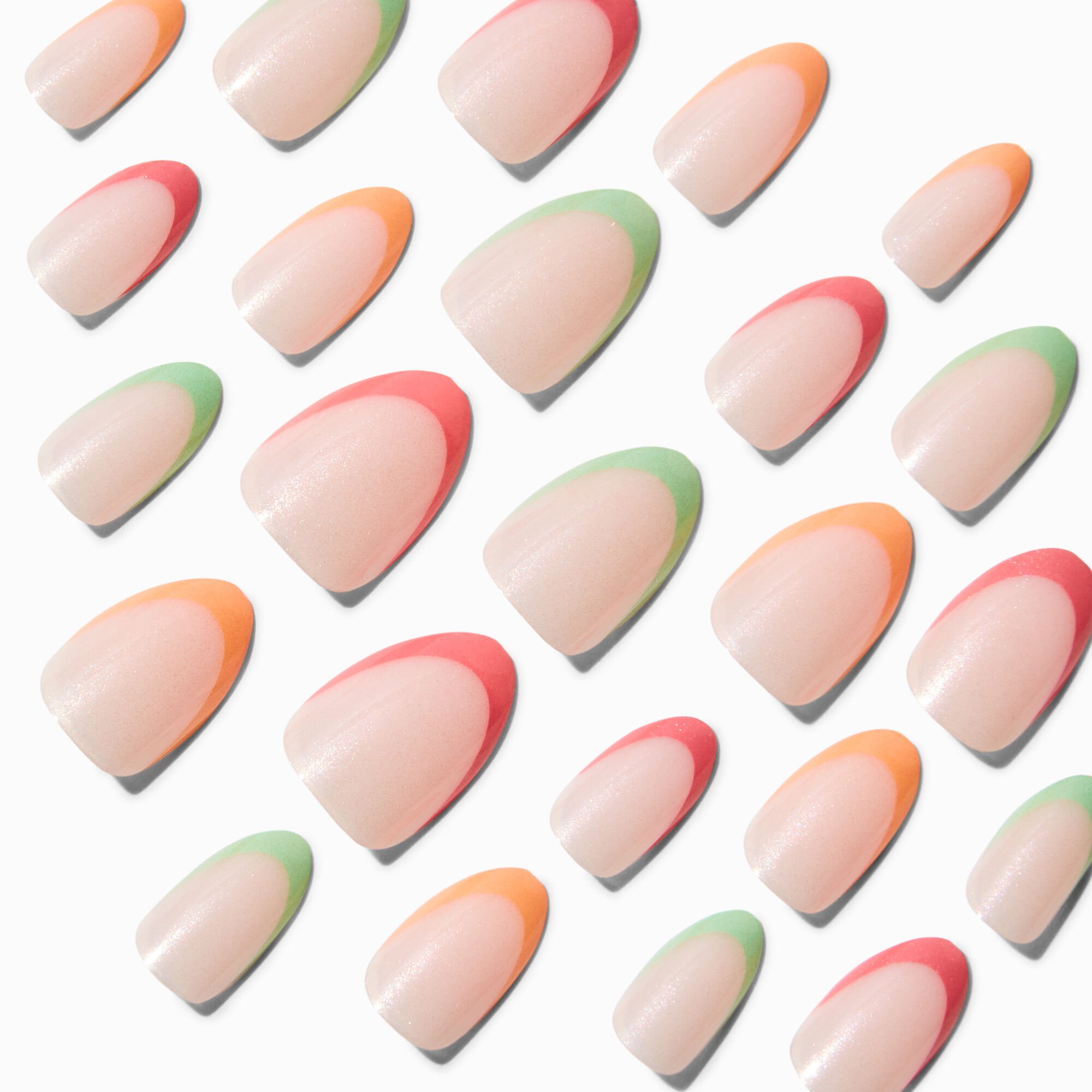 Pink, Orange & Green French Tip Short Almond Vegan Faux Nails - 24 Pack,