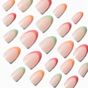 Pink, Orange &amp; Green French Tip Short Almond Vegan Faux Nails - 24 Pack,