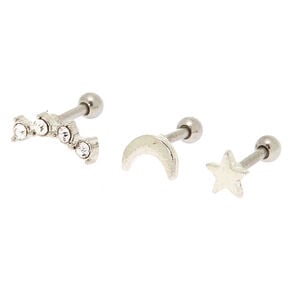 Silver-tone 16G Celestial Cartilage Stud Earrings - 3 Pack,