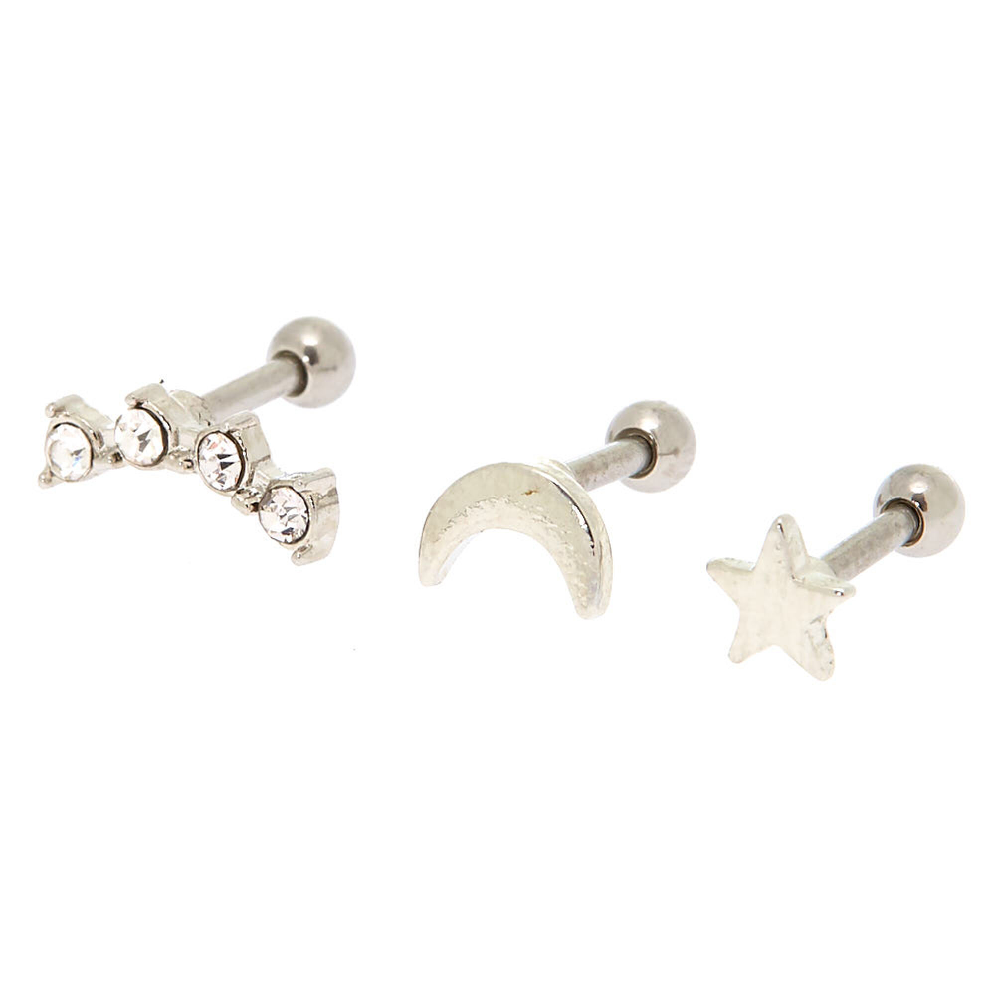 View Claires Tone 16G Celestial Cartilage Stud Earrings 3 Pack Silver information