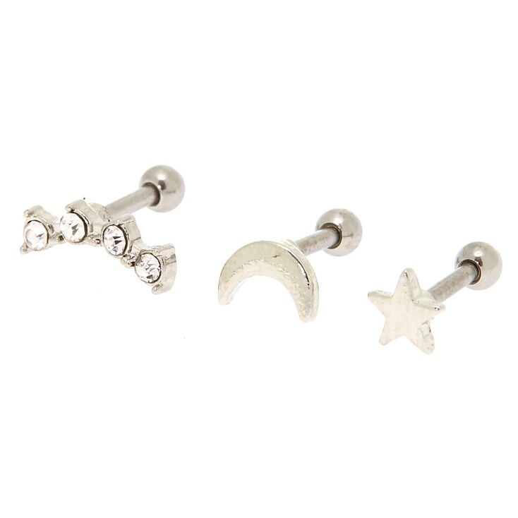 Silver-tone 16G Celestial Cartilage Stud Earrings - 3 Pack,