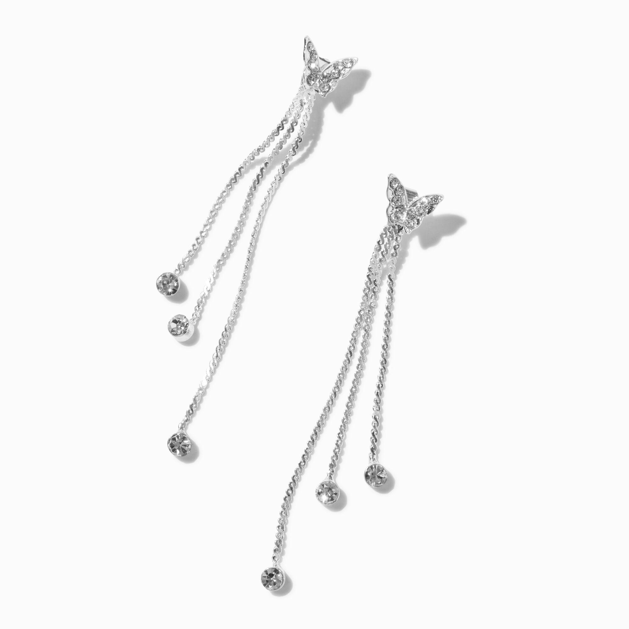 View Claires Rhinestone Butterfly Tone Chain Fringe 3 Drop Earrings Silver information