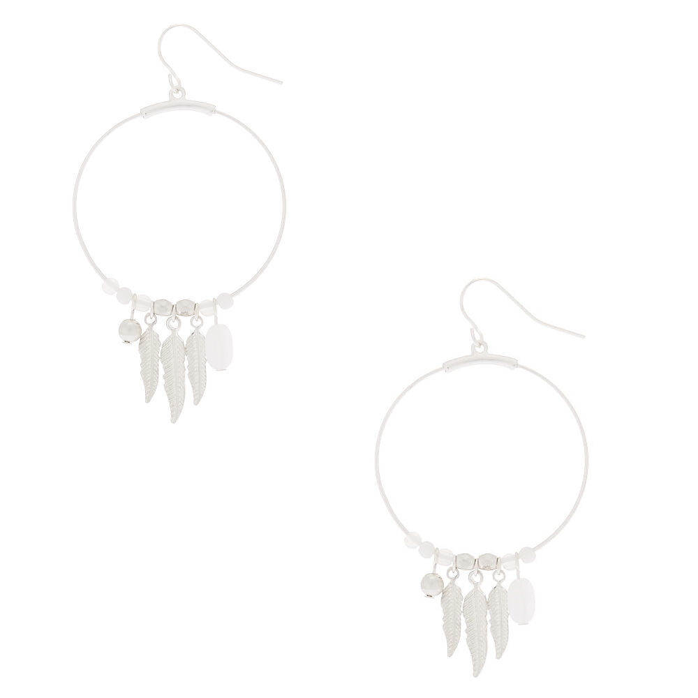 Silver Beaded Feather Hoop Earrings - White,