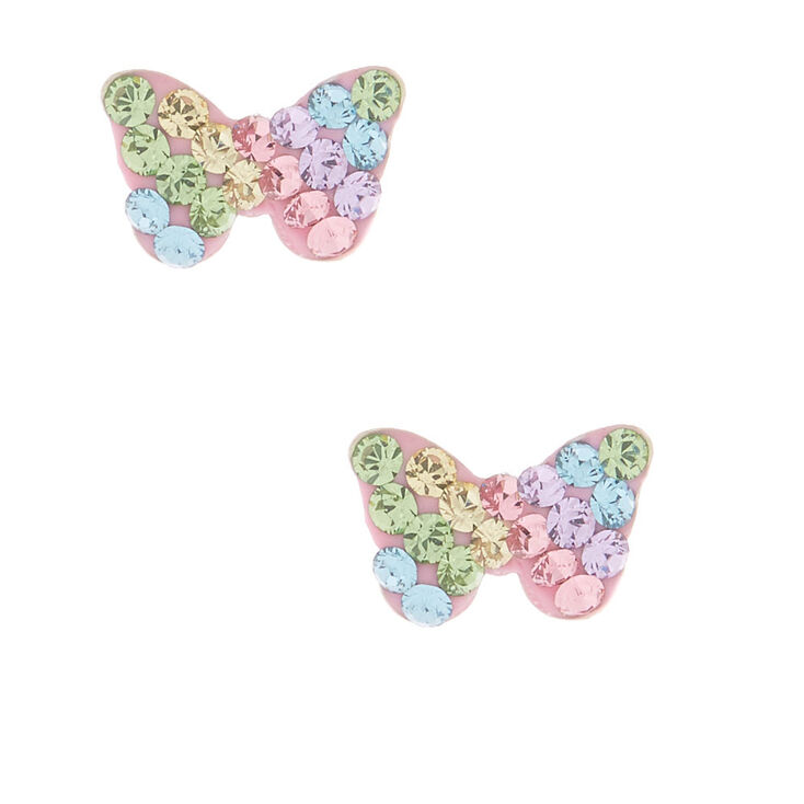 Sterling Silver Pastel Crystal Butterfly Stud Earrings,