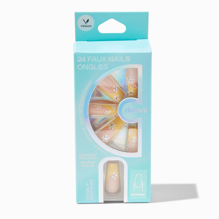 White Daisy Yellow French Tip Squareletto Vegan Faux Nail Set - 24 Pack,