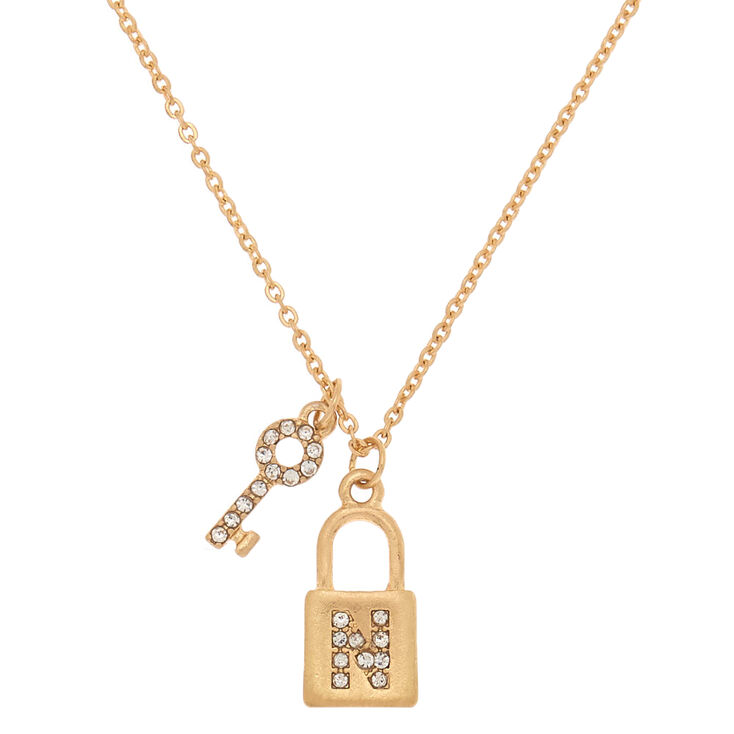 Claire's Collier à pendentif cadenas et clé couleur doré avec initiale - N