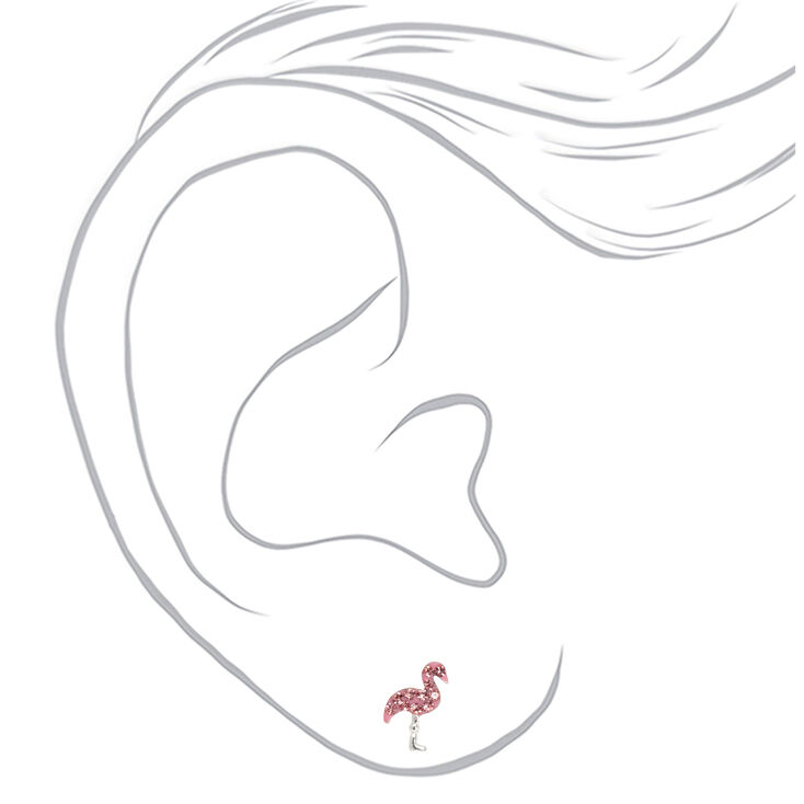 Sterling Silver Crystal Flamingo Stud Earrings - Pink,