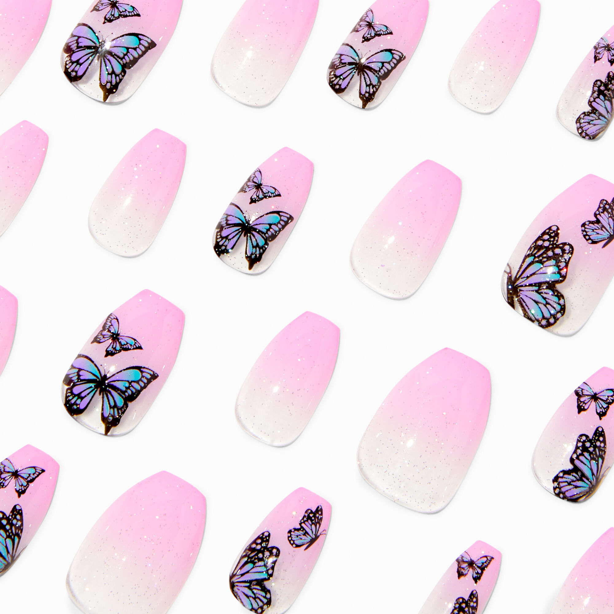 Butterfly Pink Ombre Glitter Coffin Vegan Faux Nail Set 24 Pack