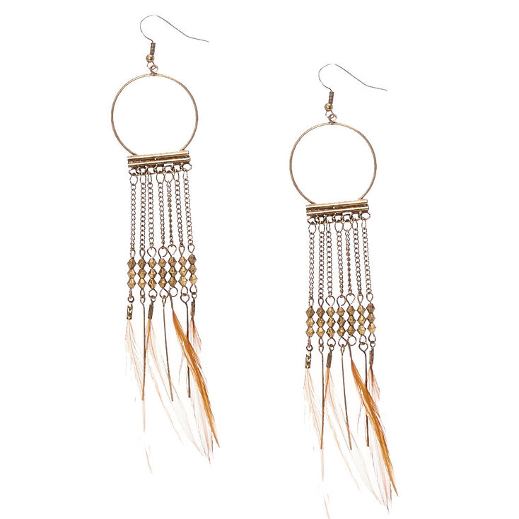 Burnished Gold Tone Circle Feather and Chain Fringe Drop Earrings,