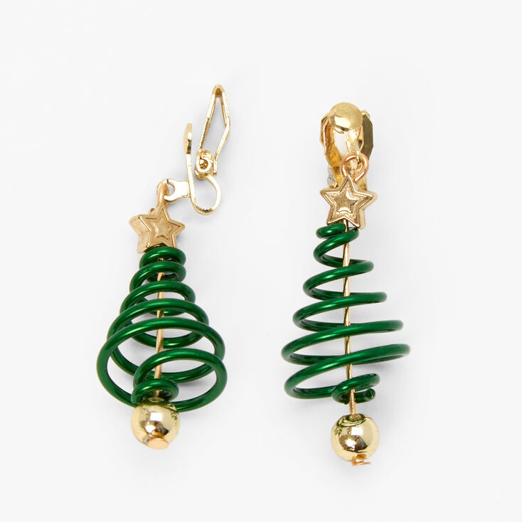 Christmas Tree Spiral Clip on Drop Earrings,