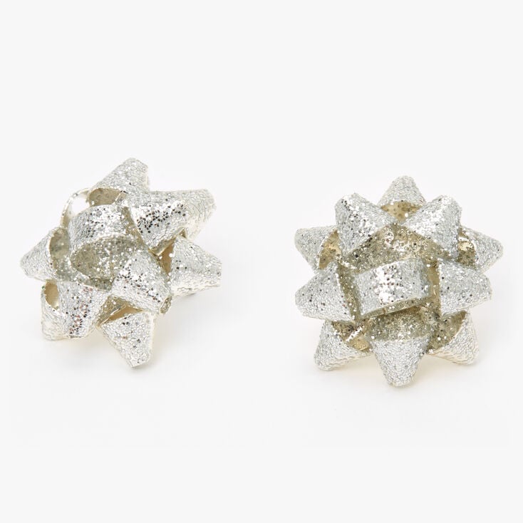 Glitter Bow Stud Earrings - Silver,