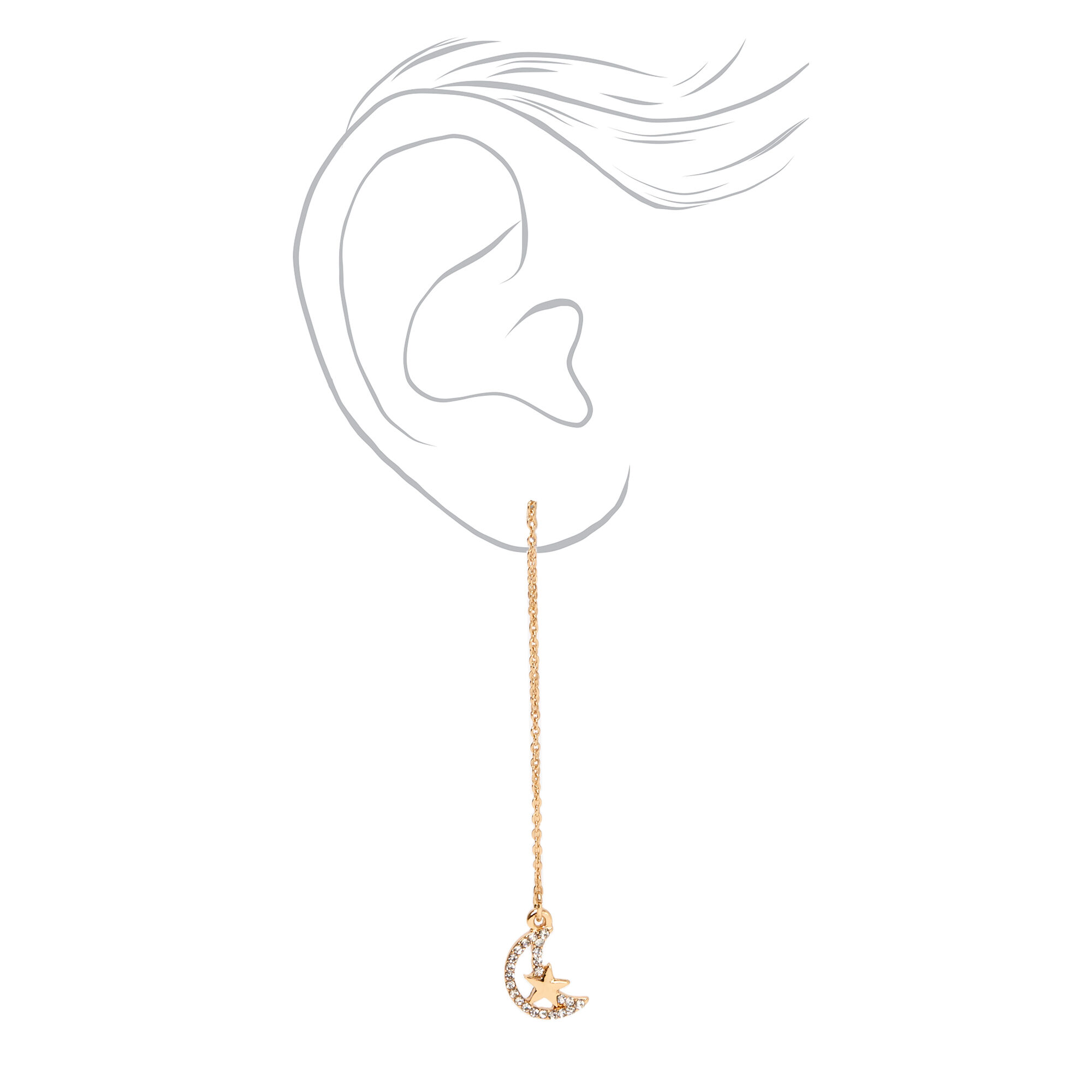 Gold 2.5" Star Crescent Moon Threader Drop Earrings,