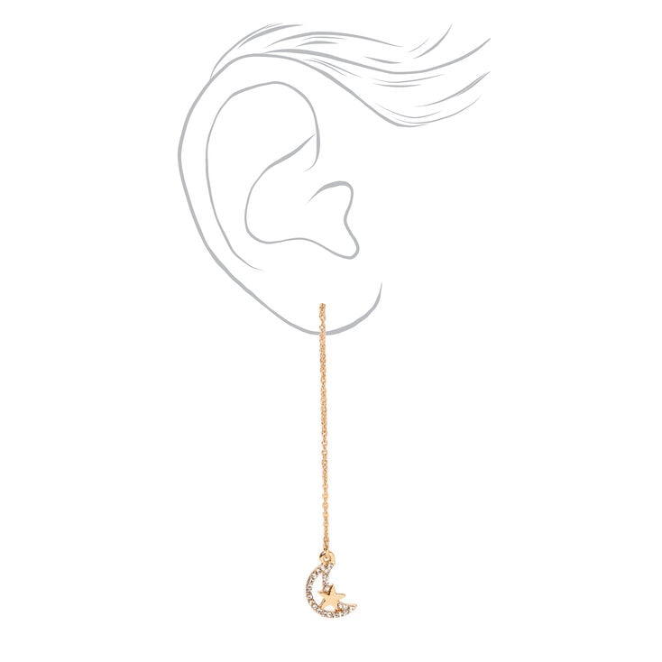 Gold 2.5&quot; Star Crescent Moon Threader Drop Earrings,