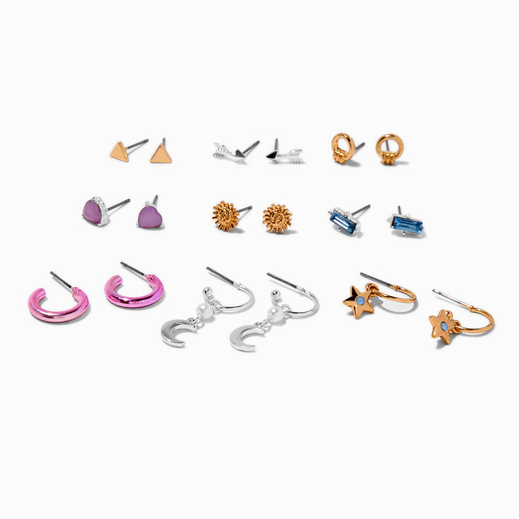 Mixed Metal Crystal Earrings Set - 9 Pack,