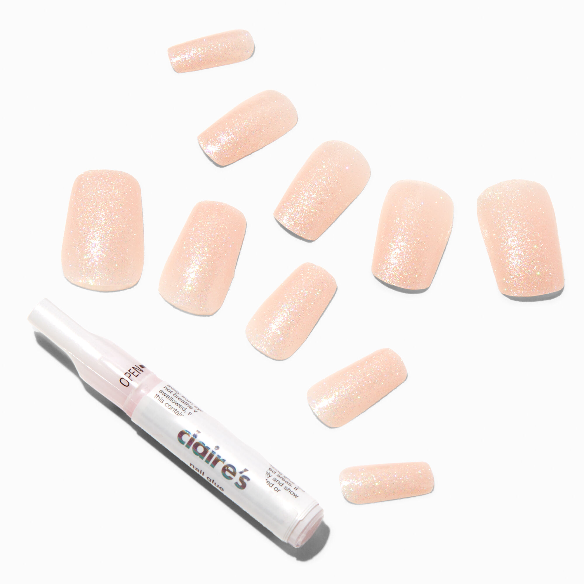 View Claires Nude Glitter Long Square Vegan Faux Nail Set 24 Pack information