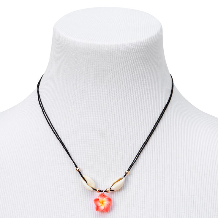 Black Cowie Shell &amp; Hibiscus Flower Pendant Cord Necklace,