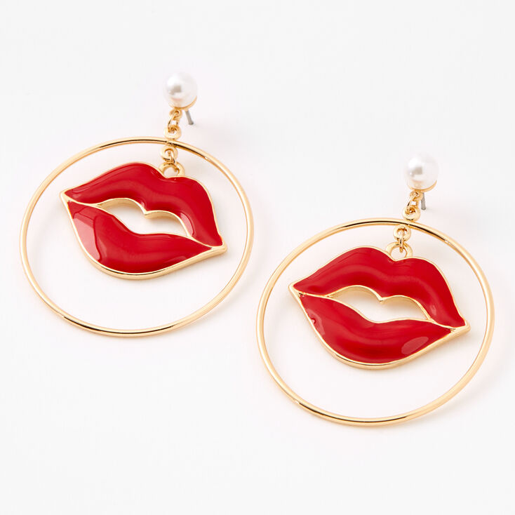 Gold 2&quot; Lips Pearl Hoop Earrings - Red,