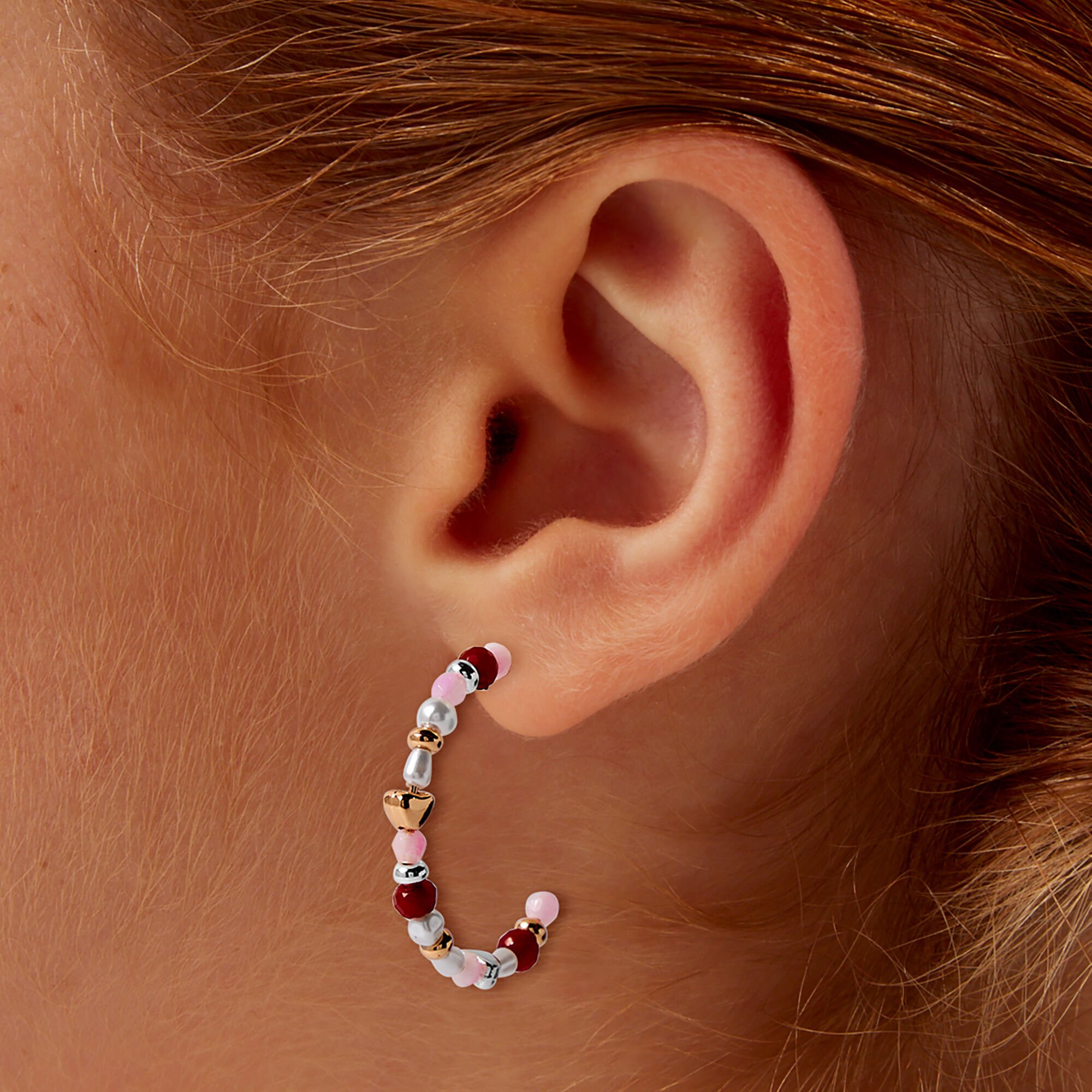 Pink Beaded Half Hoop Earrings,