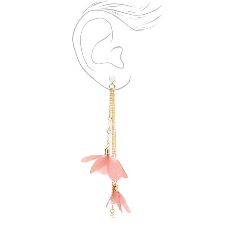 Gold 3.5&quot; Floral Pearl Linear Drop Earrings - Blush,