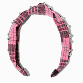 Silver Studded Pink Plaid Knotted Headband,