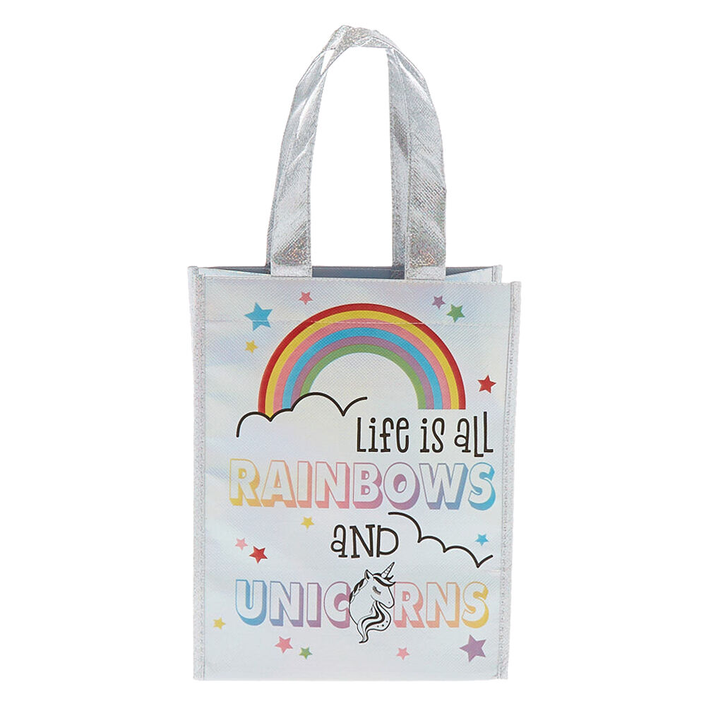 Cabas réutilisable couleur argenté « Life is all rainbows and unicorns »,