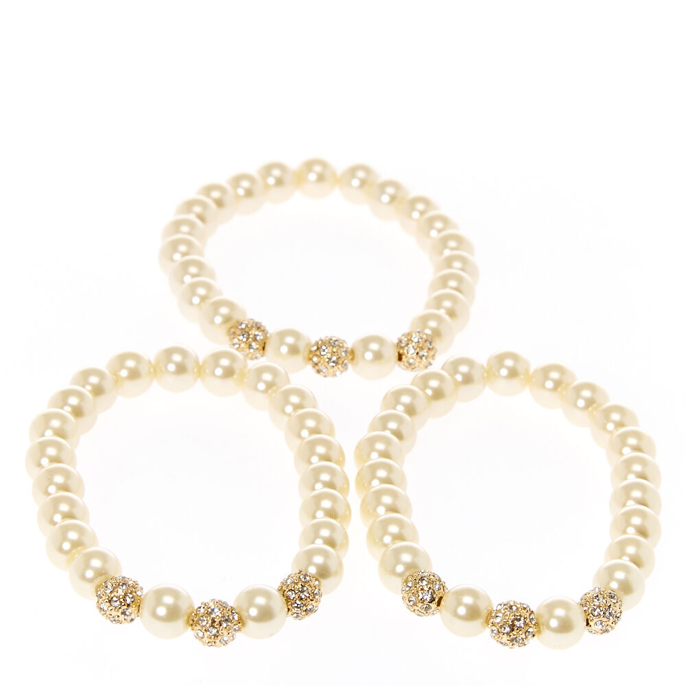 Ivory Faux Pearl & Gold Tone Fireball  Bracelets - 3 Pack,