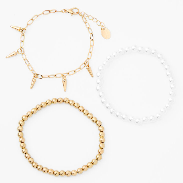 Gold Pearls and Spikes Bracelet Set - 3 Pack,