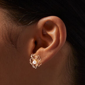 Gold-tone Wire Flower &amp; Pearl Stud Earrings,