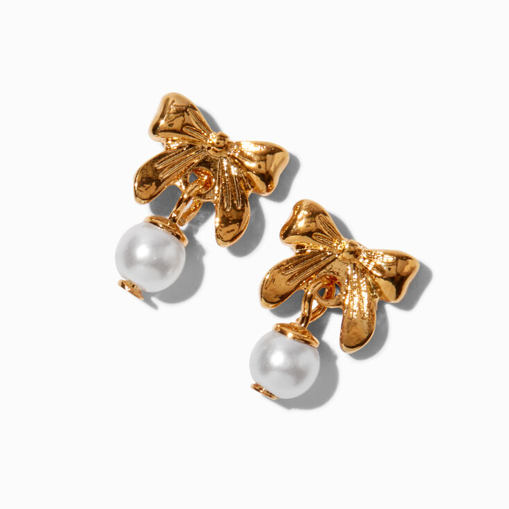 C LUXE by Claire&#39;s 18k Gold Plated Bow Pearl Drop Earrings,