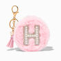 Pink Furry Pearl Initial Coin Purse Keychain - H,